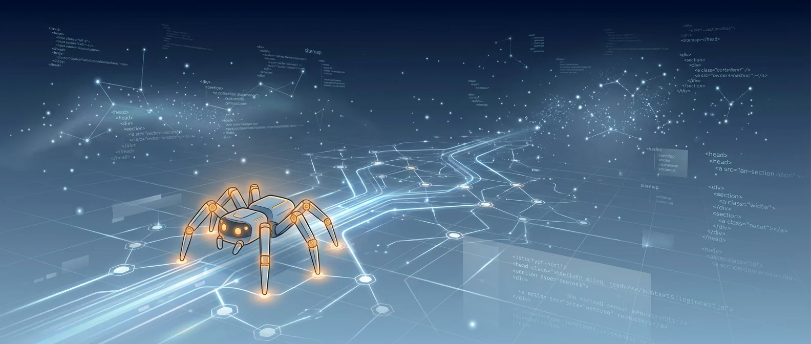 OnPagePilot web crawler bot navigating a digital network