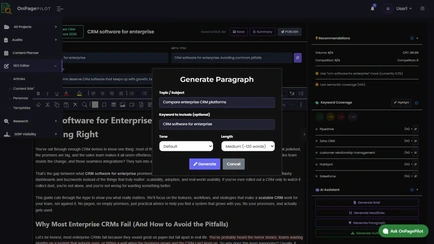 Generate Paragraph dialog with topic, keyword, tone and length inside the SEO Editor