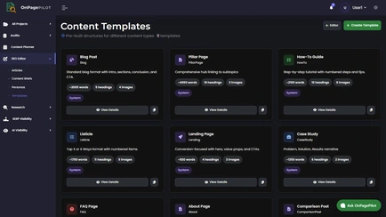 Content Templates library with blog post, pillar page, how-to and landing page
