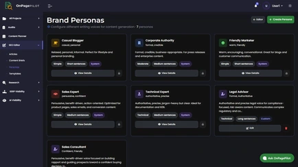 Brand Personas: built-in writing voices plus custom personas you define