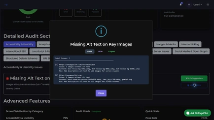 Technical audit finding with the affected URLs and its AI-suggested fix