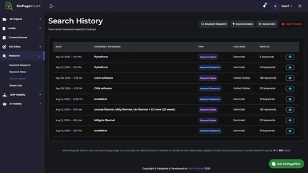 Search History of keyword research and keyword ideas runs with location and result counts