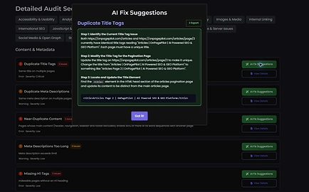 AI Fix Suggestions for a duplicate title, with the exact URLs and steps