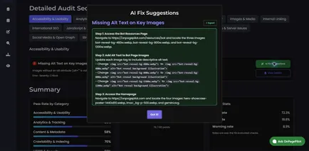 AI Fix Suggestions naming the exact pages and image files to fix